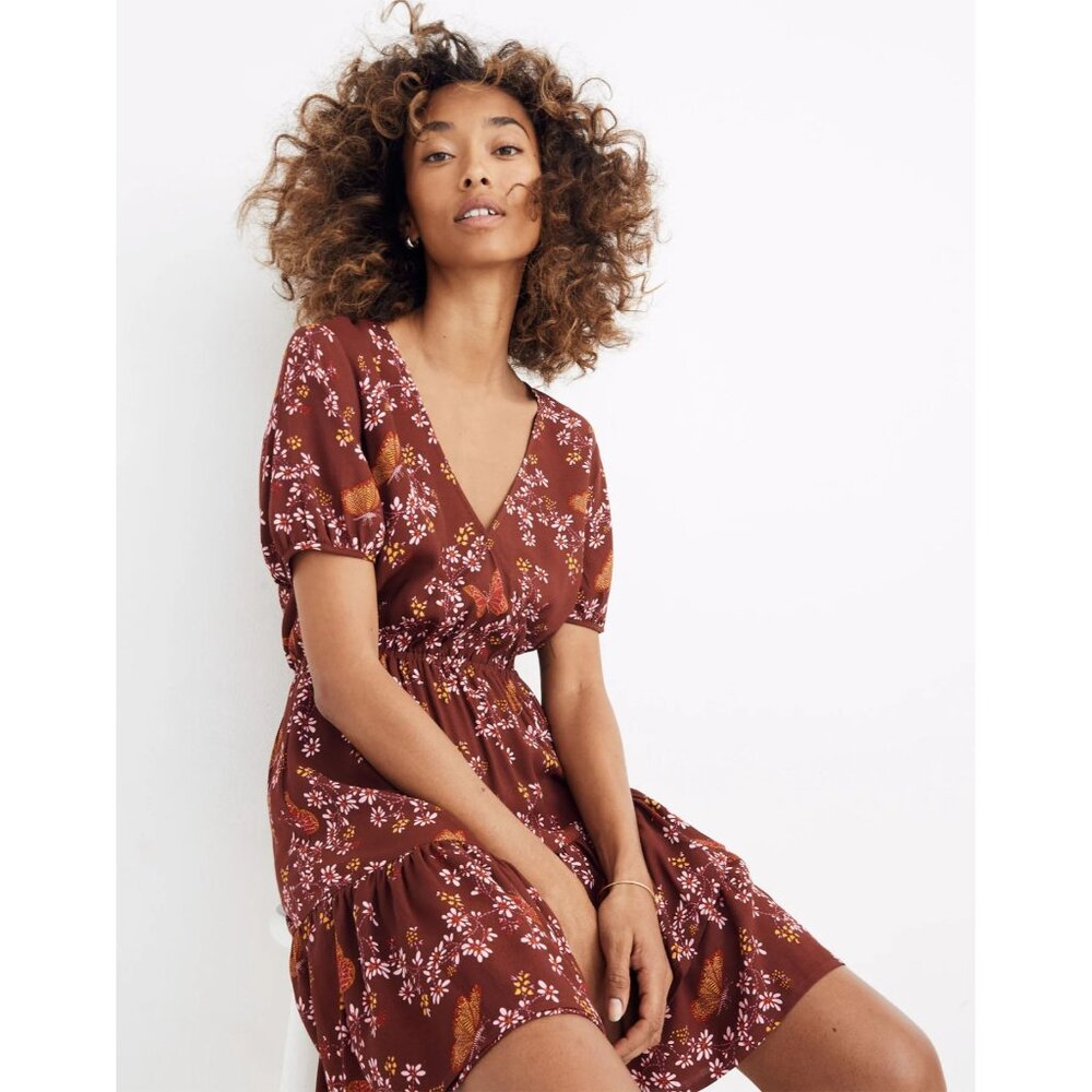 Madewell Ruffle Wrap Dress Windowbox Floral Butterfly Rich Burgundy Size 2